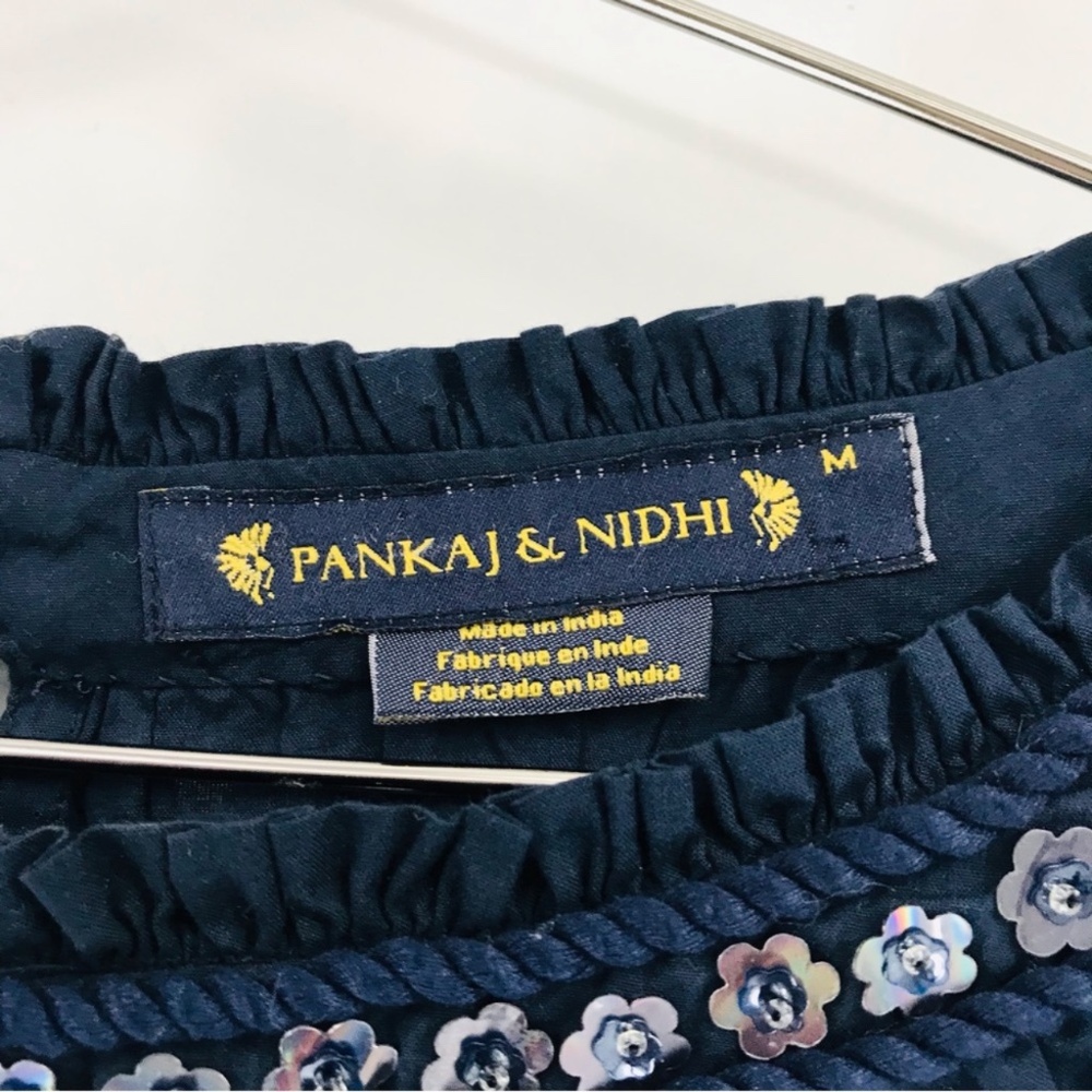Pankaj & Nidhi Long Sleeve Beaded Sequin Blouse Navy Size Medium - Picture 4 of 8